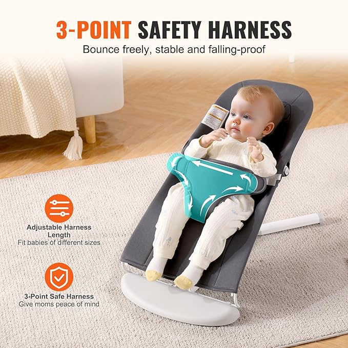 VEVOR Baby Bouncer, Folding Bouncer Seat for Babies 0-9 Months, Portable Baby Bouncer Seat with 2 Reclining Angles, 3-Point Harness & Carrying Bag, Ideal for Indoors Outdoors, Dark Gray