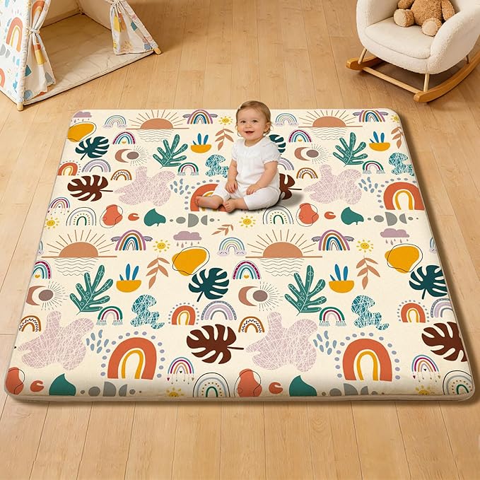 RONGFA Baby Play Mat for Floor, 50'' x 50'' Thicken Foam Padded Mat for Tummy Time, Playpen Playmat for Toddlers Infant Kids, Water-Repellent Coral Velvet, Non-Slip Bottom Safe for Crawling (Boho)