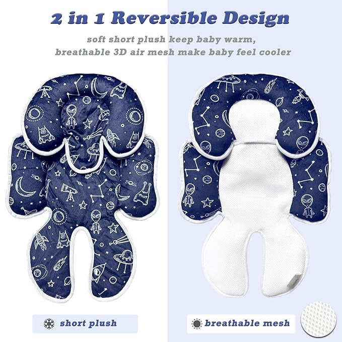 Infant Car Seat Insert, 2 in 1 Carseat Head Neck Pillow for Newborn, Baby Carriage Pad with Strap Covers, Universal Seat Pad for Carseats, Stroller, Swings, Bouncer, Planet (Navy Blue)