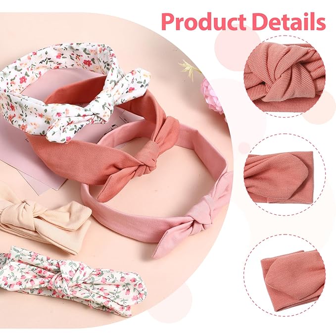 5 Pack Baby Girls Bows Headbands, Soft Polyester Hairbands Handmade Newborn Infant Toddler Hair Accessories Elastic Knot Hairbands with Hair Bows