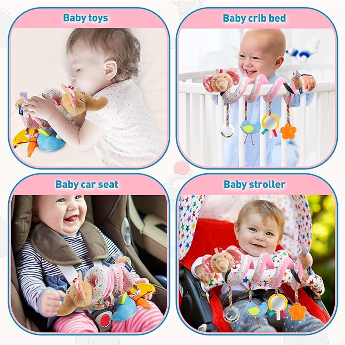GKDOMS Baby Car Seat Toys Activity Stroller Toy for Boys Girls 0 3 6 9 10 12 Months, Spiral Hanging Plush Toys, Baby Shower Thank You Gifts