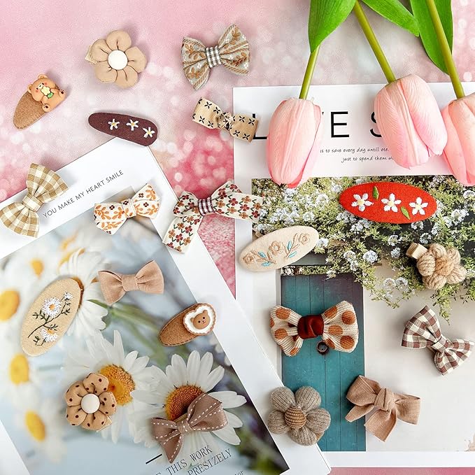 EleMirsa Girl Hair Clips Brown Flower Fabric Snap Hair Clips Fully Lined Alligator Clips Brown Bow Hair Accessories for Little Girl Teens Toddler Kids,20pcs