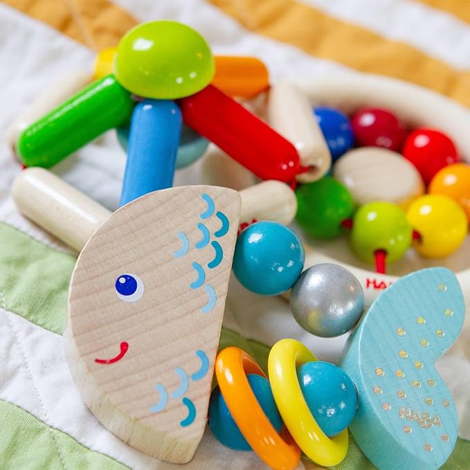 HABA Rattlefish Wooden Baby Rattle with Plastic Rings, Sensory Toys 6-12 Months & Grasping Toy for Babies, Made in Germany