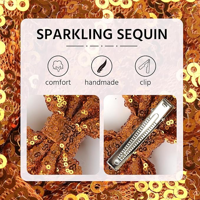 Hair Bows: Sequined Alligator Hair Clips with Big 5" Orange Bows for Girls, Babies, Toddlers, and Teens
