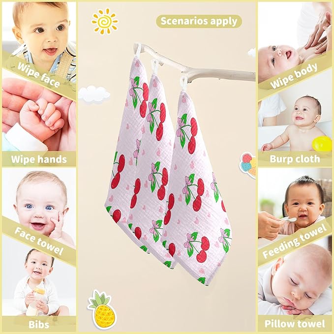 Cherry with Bows Baby Washcloths 5 Pack, Cotton Muslin Washcloth Soft for Sensitive Skin, Newborn Girls Boys Shower Gift, 12x12 in