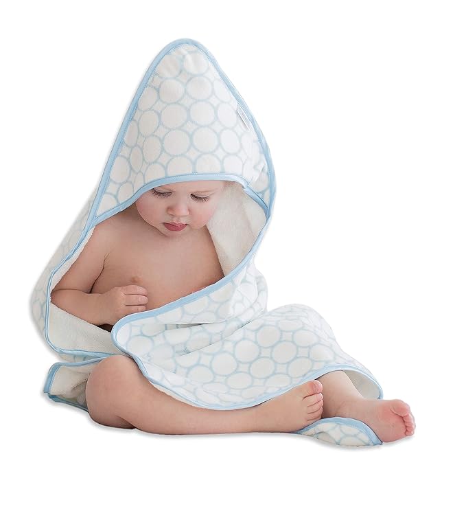 SwaddleDesigns Organic Cotton Terry Velour Hooded Towel for Baby/Toddler, Absorbent with Satin Trim, Absorbent with Satin Trim, Pastel Blue Mod Circles