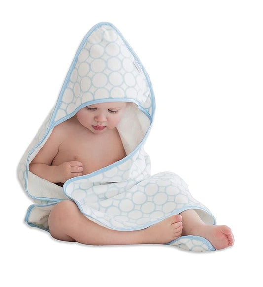 SwaddleDesigns Organic Cotton Terry Velour Hooded Towel for Baby/Toddler, Absorbent with Satin Trim, Absorbent with Satin Trim, Pastel Blue Mod Circles
