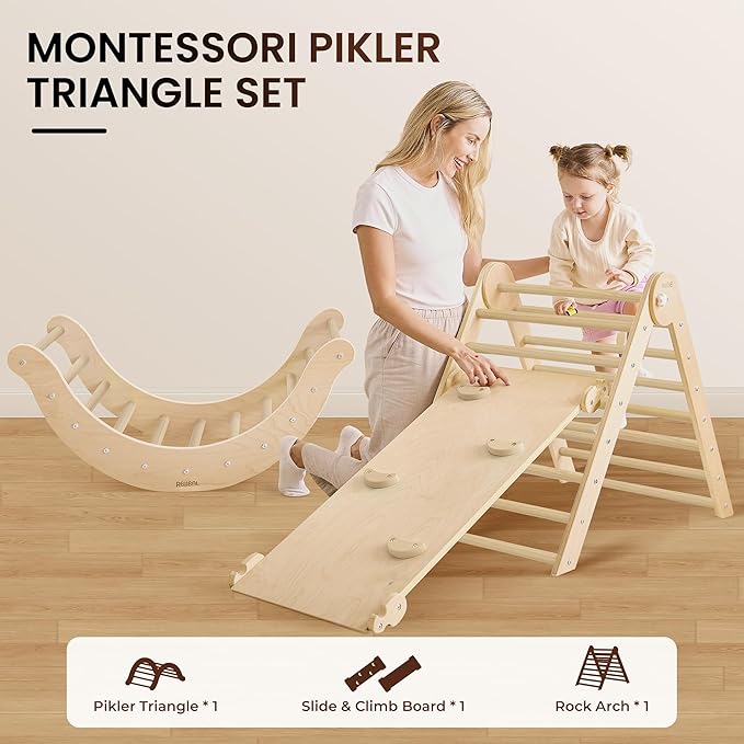 Belleur 7-in-1 Climbing Toys for Toddlers 1-3 Years Old, Foldable Wooden Pikler Triangle Set Indoor, Montessori Climbing Set with Arch, Ramp & Ladder - Natural