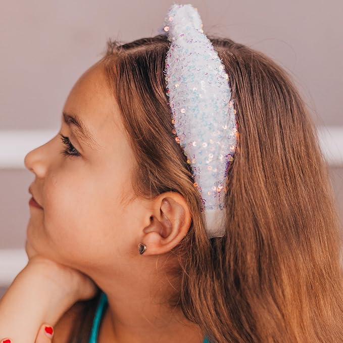 FROG SAC Sequin Knot Headband for Girls, White Knotted Hair Bands Accessories for Kids, Sparkly Iridescent Little Girl Headbands, Cute Fashion Hairbands for Tweens Stocking Stuffers for Children
