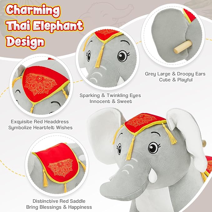FUNLIO Thai Elephant Baby Rocking Horse for Toddlers 1-3 Years, Cute & Graceful Gray Elephant Rocker for Baby, Stuffed Plush Ride-on Rocking Animal, Easy to Assemble, CPC & CE Certified