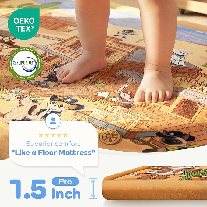 1.5" Thick Educational Baby Floor Play Mat 59x79, Flannel Padded Memory Foam Kids Mat, Non-Slip Plush Playmat for Nursery Playroom Classroom (Western Cowboy)