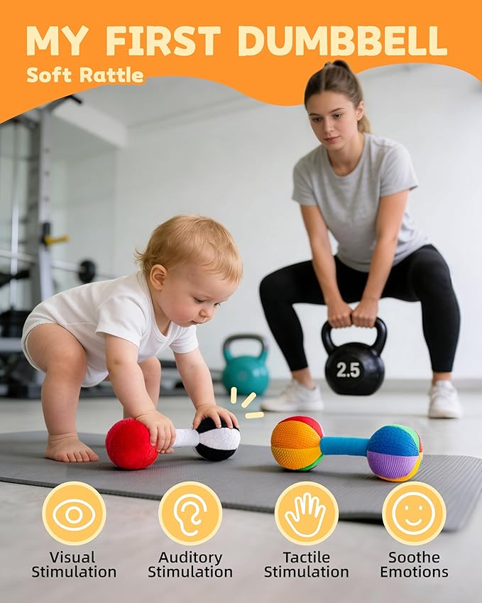 Jollybaby Soft Plush Stuffed Baby Dumbbell Rattle Toys for 0-3-6 Months Newborn, High Contrast Colorful Sensory Rattles Weights Toys for Infant Baby 0-3 Months, Funny Baby Boy Girls Shower Gifts