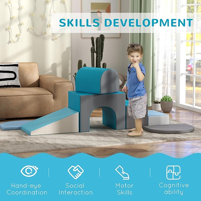 Qaba 7-Piece Baby Soft Play Equipment, Toddler Crawling Climber for Creativity and Shape Discovery with Easy-to-Clean Surface, Climbing Toy for Toddlers, Contemporary