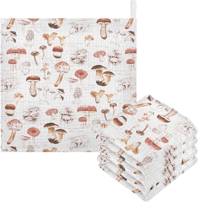 vvfelixl Baby Washcloths Cotton Different Mushrooms Baby Muslin Washcloths Soft Baby Face Towel for Newborn Infants Baby Wipes, 11.8 X 11.8 Inch, 5 Pack