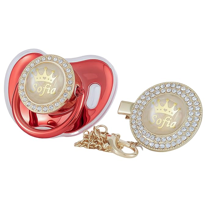 Personalized Name Bling Rose Gold Pacifier and Clip Set Ideal Gift for Baby Shower New Born Photoshoot & Keepsake (Metallic Red)