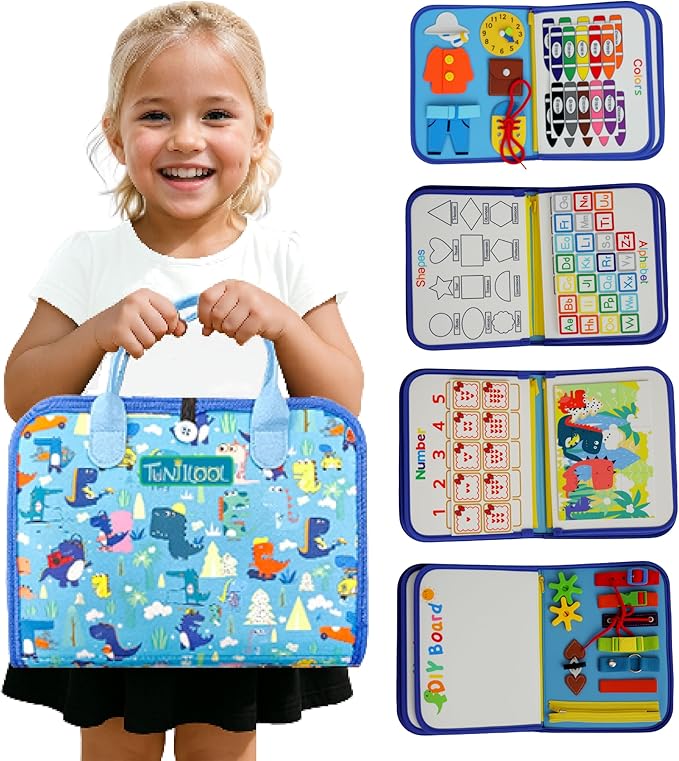 TUNJILOOL Montessori Busy Board - 8-in-1 Sensory Activity Book with Detachable Pages, Travel-Friendly Learning Toy for Fine Motor Skills & Preschool Education
