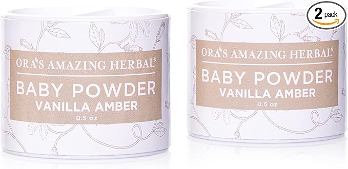 Baby Powder Talc-Free, Real Vanilla Amber Natural Scent, Cornstarch Free Arrowroot and Clay Based Powder, Synthetic Fragrance Free, Ora's Amazing Herbal, Pack of 2 Travel Size 0.5 oz