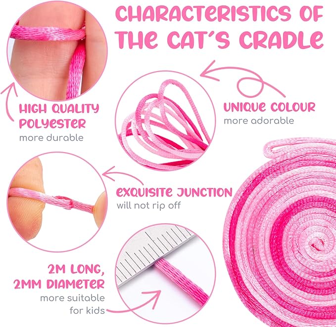 Cikyner Cat’s Cradle String, 8 Pcs Finger String Game 2m Long 2mm Diameter Cats Cradle with Instructions Polyester pink String Toy Supplies Ideal for Gifts for Girls and Boys on Birthday Easter