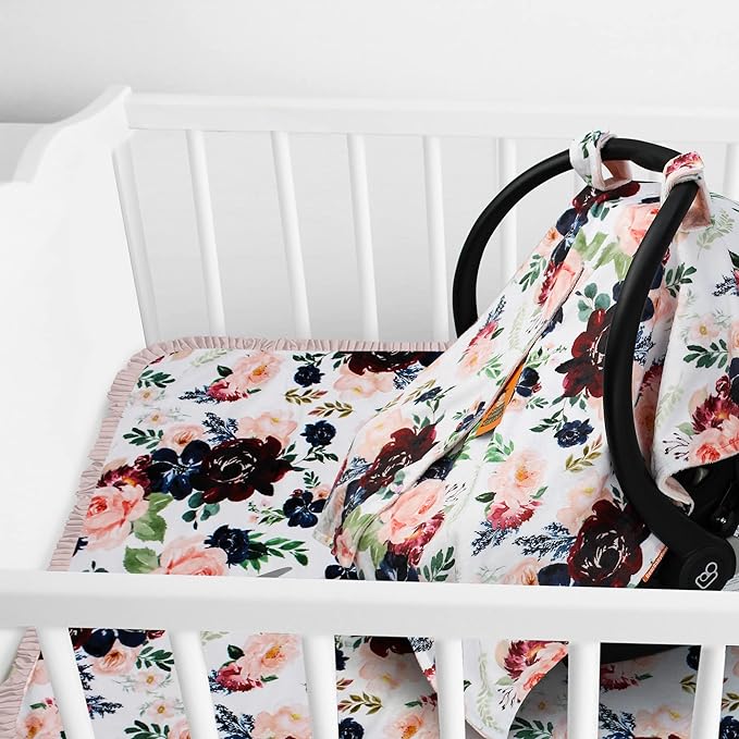 Dear Baby Gear Car Seat Cover for Boys & Girls - Baby Carseat Canopy w/Snap Opening - Infant Seat Cover - Stroller & Nursing Covers - Newborn Carrier Canopy- 40x30" (Burgundy & Navy Floral on Blush)