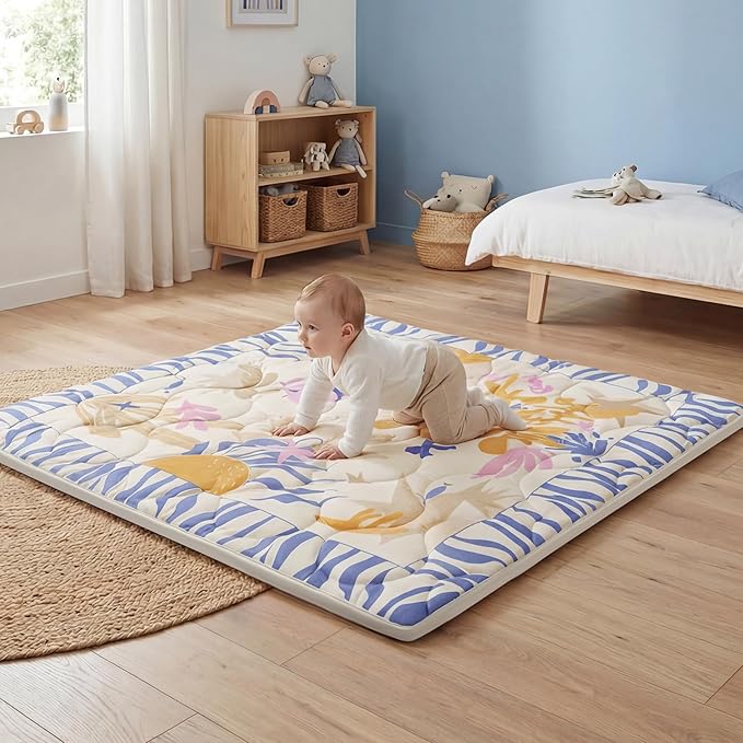 1.5" Thicker Baby Play Mat for Floor, 50x50 Removable & Machine Washable Cover Playpen Mat Softness Foam Mats, Easy-Clean Hygienic, Comfort Safety Kids Crawling (Undersea Corals)