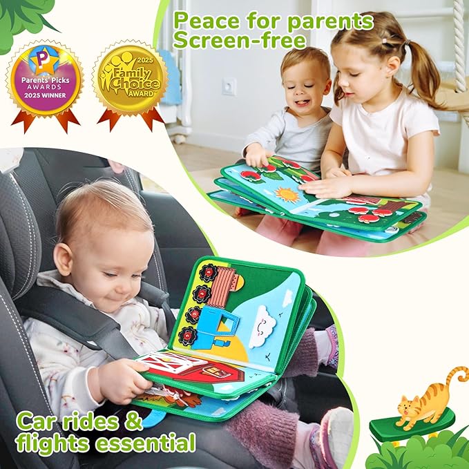 JoyCat Farm Busy Book for Toddlers 1–3 – Quiet Montessori Activity Book with 15 Daily Life Activities, Screen-Free Travel Toy for Toddlers, Easter Basket Stuffers Gifts Kids