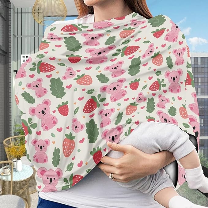 Wanyint Koala Strawberry Print Car Seat Cover for Babies Canopy Cover for Boys and Girls Nusring Cover for Breastfeeding Breathable Soft Carseat Canopy