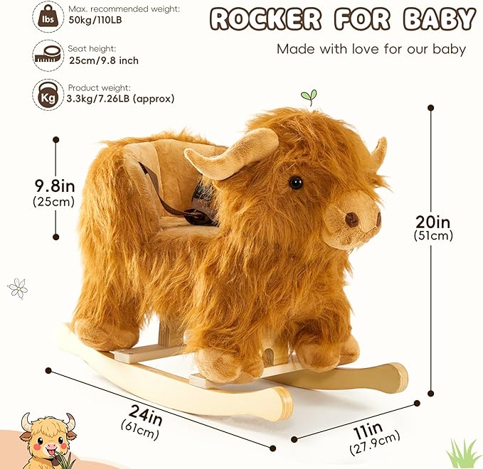 Baby Rocking Horse,Highlander Cattle Wooden Rocking Horse for Toddlers 1 Year Old Cute Cow Stuffed Plush Ride-on Toy Rocking Animal for Baby Boys and Girls Nursery/Child Christmas or Birthday Gift