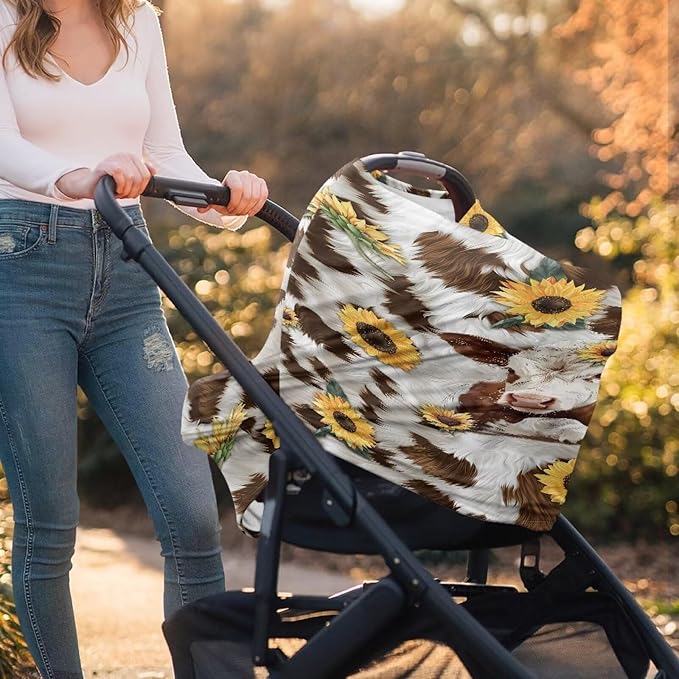 GIFTPUZZ Sunflower Cow Car Seat Covers for Babies Blocks Sunlight Carseat Canopy Ultra Soft Breathable Fabric Babies Car Seat Protection Adjustable Stretchy Breastfeeding Scarf Infant Carseat