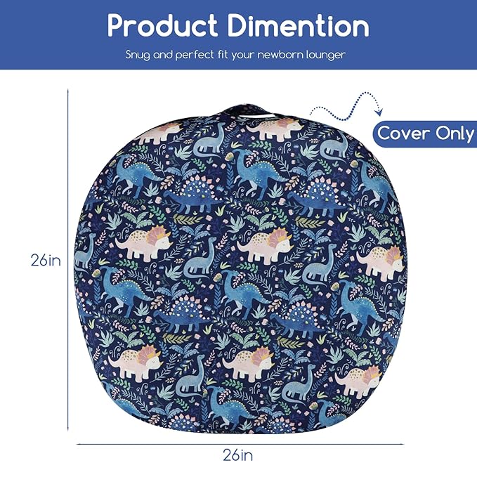 Newborn Lounger Cover for Boys Girls, Soft Comfortable Baby Lounger Cover 1 Pack Reversible Removable Fleece Slipover for Infant Lounger Pillow, Dinosaur (Cover Only)