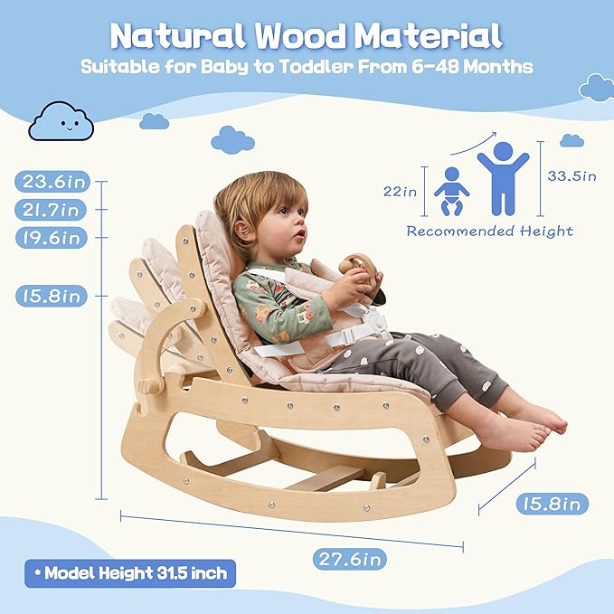 Baby Bouncer,Adjustable Baby Rocker, 3-in-1 Wooden Rocker Chair with 5-Point Harness, Recliner Seat for Infant to Toddlers,Beige