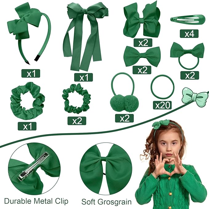 LACGO Pack of 37 Hair Bow Accessories - School Uniform Hair Clips Grosgrain Bow Headband Ribbon Alligator Ponytail Holder for Toddlers Teen Girls Uniform Party Prom Wedding(Dark Green)