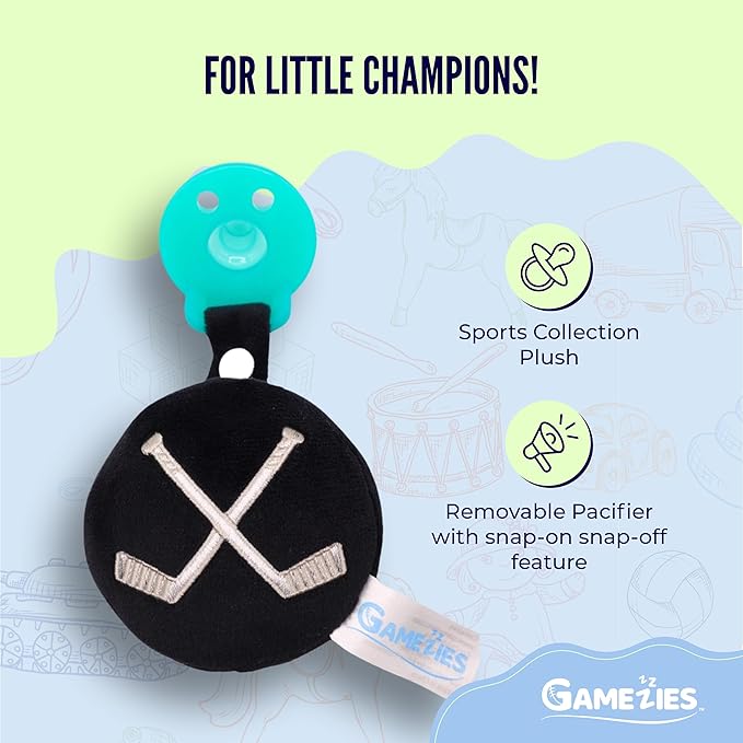 Gamezies Baby Boy and Girl Silicone Pacifier with Detachable Sports Plush Toy Holder, Hockey Puck