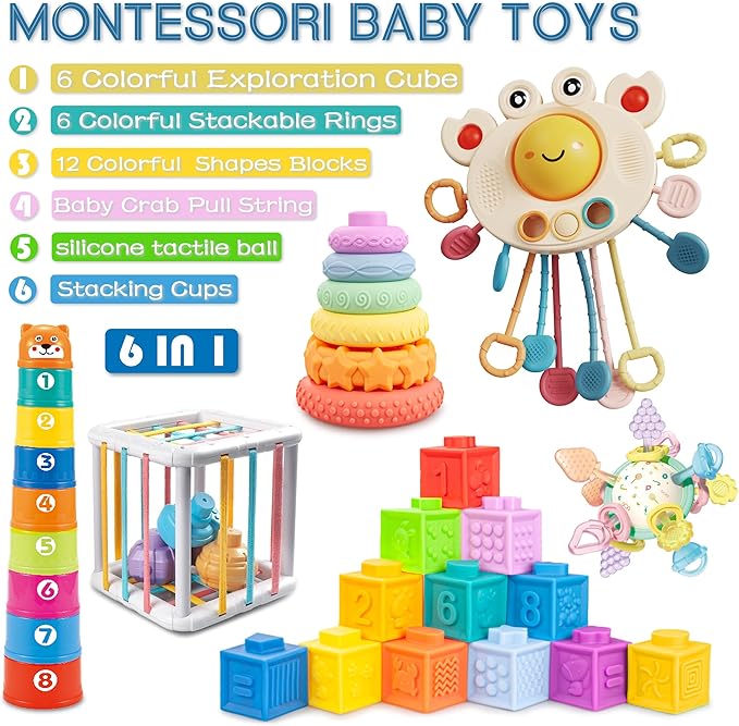6 in1 Montessori Baby Toys 6-12 Months，Montessori Toy for Babies 6-12 Months，Incl 12pc Building Blocks &Silicone Pull String & Sensory Cube & Manhattan Ball& 2 Stacking Toys. Baby Development Toys