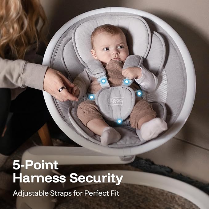 HARPPA Weddell Plus Electric Baby Swings for Infants and Newborns, Eye-Level Baby Swing 5 Speeds and Remote Control 10 Built-in Melodies, 2 Seat Positions & 180° Rotation for Indoor Use, Dove Gray