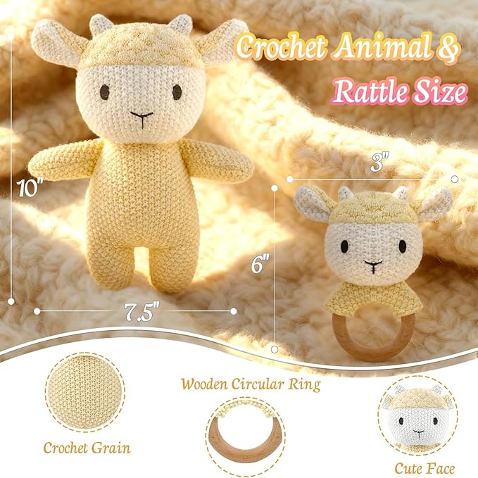 10" Crochet Sheep Stuffed Animal with Rattle, Pure Cotton Soft Crochet Doll Plush Toy for Newborn, Handmade First Birthday Gift