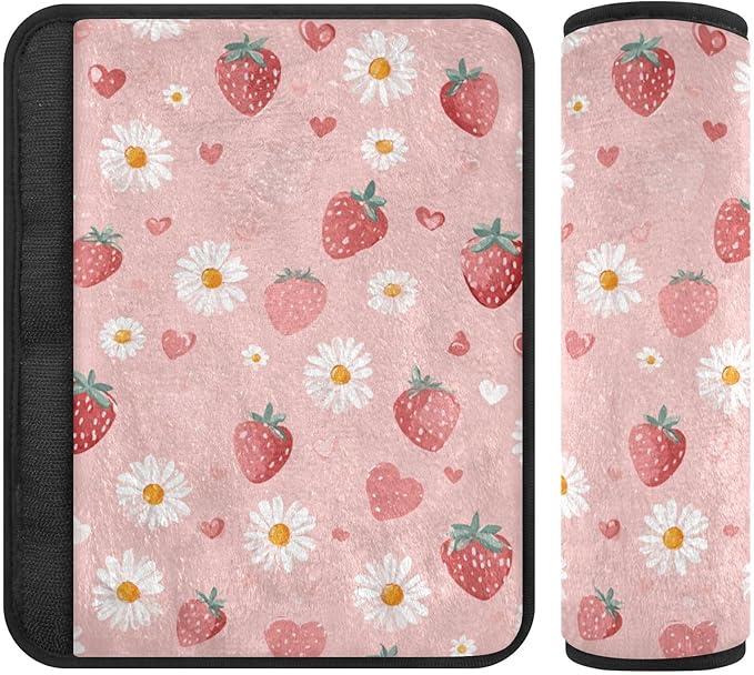 2 Pack Seatbelt Covers Seat Belt Cover Pad for Adults Boys Girls Car Seat Strap Covers Pads Cushion Universal Shoulder Strap Pad Protector for Backpack Camera Bag 10x7.7Inch Pink Floral Strawberry Hea