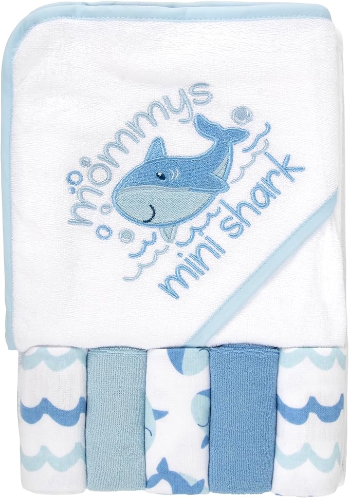 Baby Hooded Bath Towel and Washcloth Set for Infant Boys 6-12 Months (Mini Shark Blue)