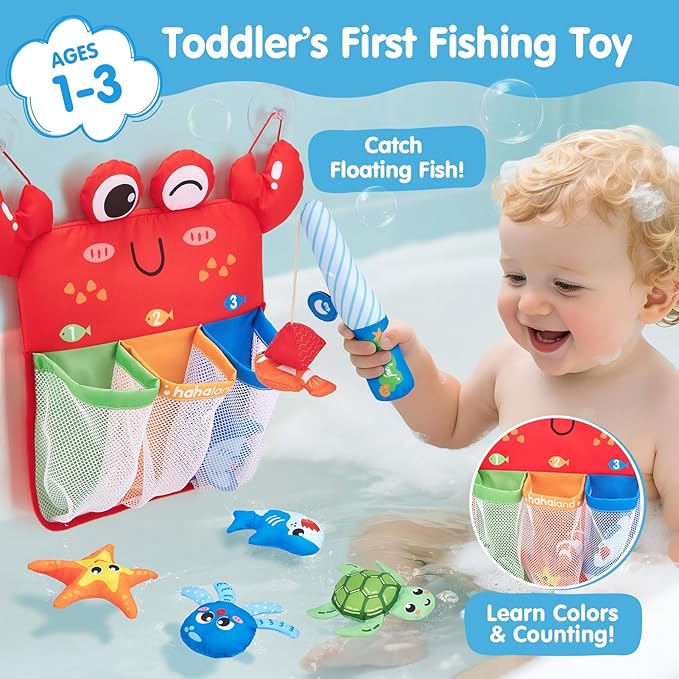 hahaland Bath Toys for Kids Ages 1-3 - Soft Magnetic Fishing Toys with Color Sorting Mesh, Mold Free Bathtub Shower Water Toy Toddler Educational Learning Bath Toys for 1 Year Old Boy Girl Gifts