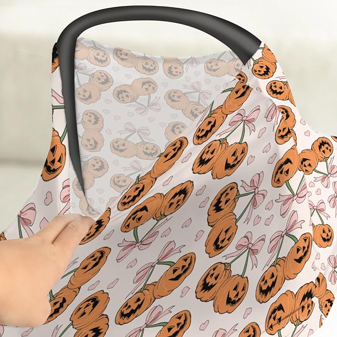 Pumpkins Cherries Orange Pink Bows Love Car Seat Cover for Babies Fall Autumn Girly Stretchy 5-in-1 Cover Adjustable Infant Carseat Cover Canopy Vintage Halloween Pumpkin Breathable Nursing Cover-Up