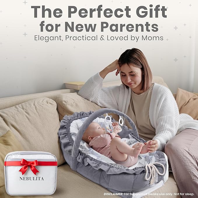 Newborn Lounger Leaf Gray - Flexible & Portable w/Infant Support Cushion, Soft & Breathable 100% Cotton - Multi-Use Supervised Baby Lounger for Floor, Travel, Changing Mat Alternative - Premium
