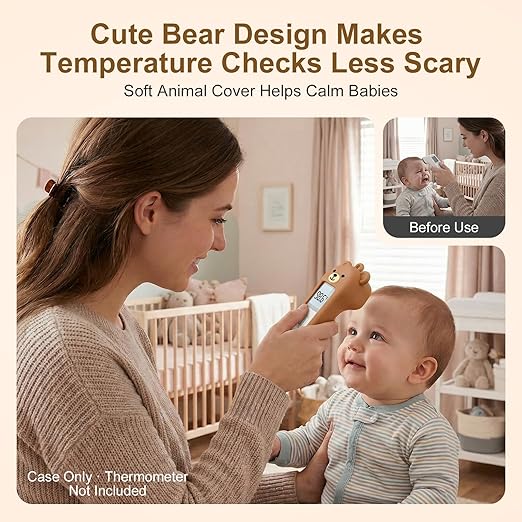 Bear Silicone Case Compatible with GoodBaby Thermometer for Adults and Kids, Cute Cartoon Thermometer Protective Case, Help Restless Baby Temperature, for Travel, Home and Outdoor (Brown)