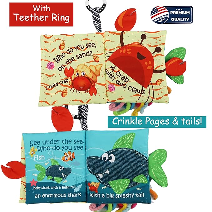 Fish Baby Books, Crinkle Books for Babies,Touch Feel,Infant Baby Toys 0-3 0-6 6-12 Months, Sensory Mirror Toys,Soft Teether,Teething,Shower Baby Easter Basket Stuffers,Baby Gifts for Boys Girls-Green