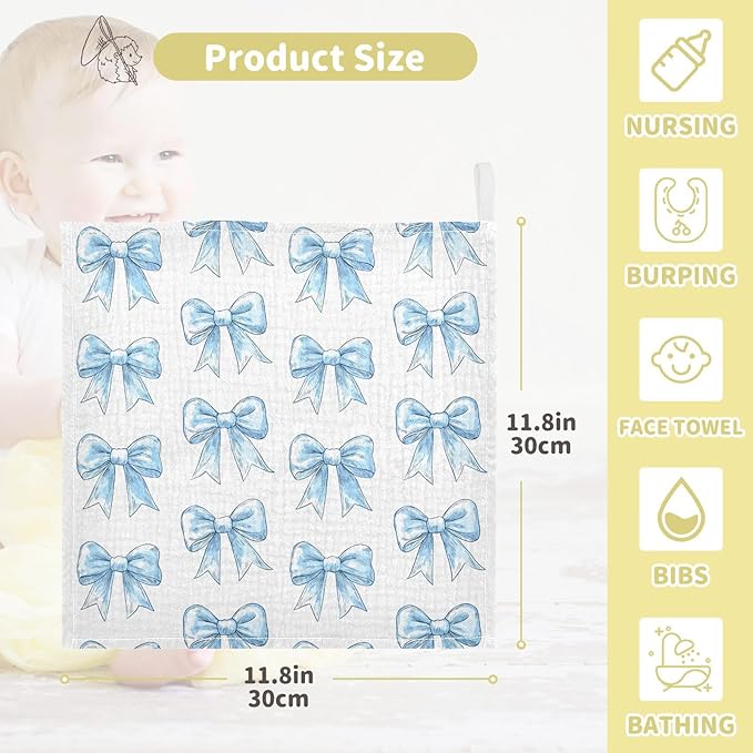 vvfelixl Light Blue Silk Bow Baby Burp Cloths Baby Muslin Washcloths for Boys Girls Cotton Babys Face Towel for Newborn Infants Soft and Absorbent 11.8 X 11.8 in, 5 Pack