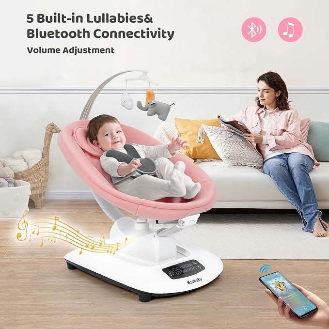 Ezebaby Electric Baby Swing for Infants with 5 Unique Motions, 5 Speeds, Lullabies, Bluetooth Enabled, Smart Baby Swings for Newborn with 5-Point Harness & Remote Control for 0-9 Months, Pink