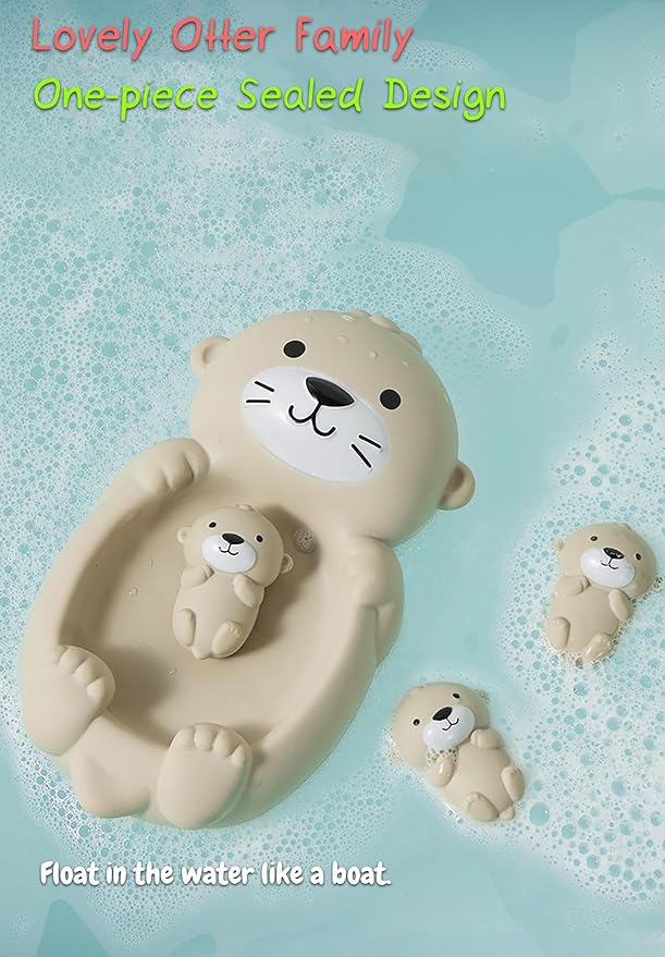 Otter Bath Toy, Otter Family Tub Toy Bathtub Floating Toy for Kids - Soft Vinyl and ABS Plastic Material - No Hole One-Piece Design (Otter Playset + Baketball Hoop + Fishing Net + 2 Balls)