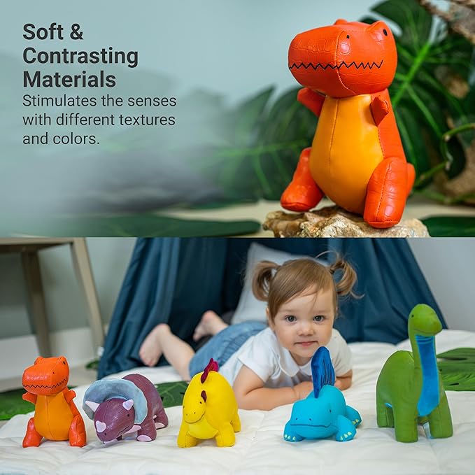 Little Big Friends Dino Friends | Stimulate the Senses with Colors, Textures & a Tinkling Bell | Vegan Leather | Easy to Clean | Rex the Tyrannosaurus