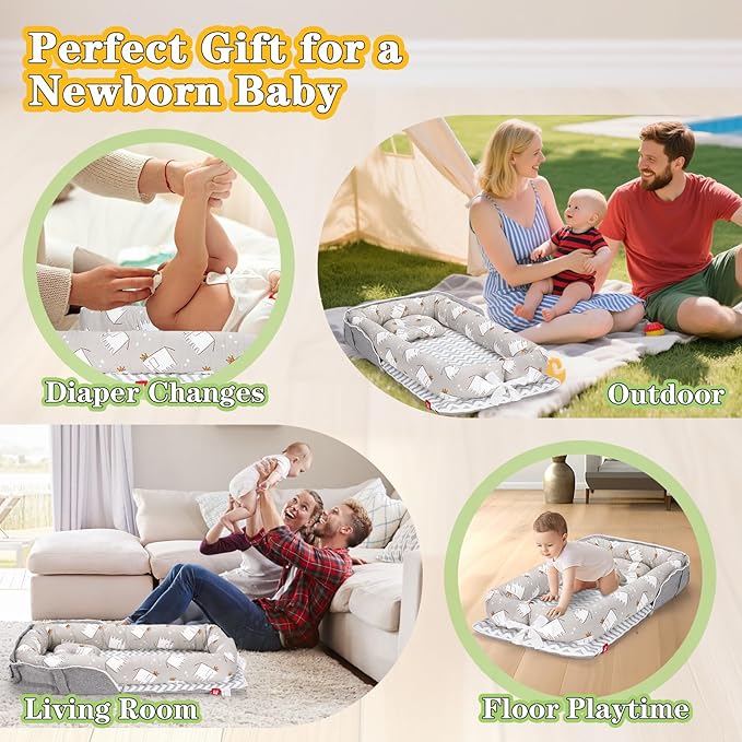 Baby Lounger for Newborn-Portable Baby Lounger 0-24 Months for Home and Travel,Newborn Loungers with Strap, Baby Nest Lounger Adjustable Size,Little Elephant Grey
