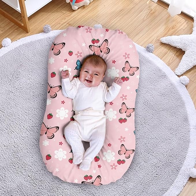 Butterfly Strawberry Snuggle Me Organic Lounger Cover Baby Lounger Pillow for Baby 0-12 Months Newborn Breathable Bayby Loungers