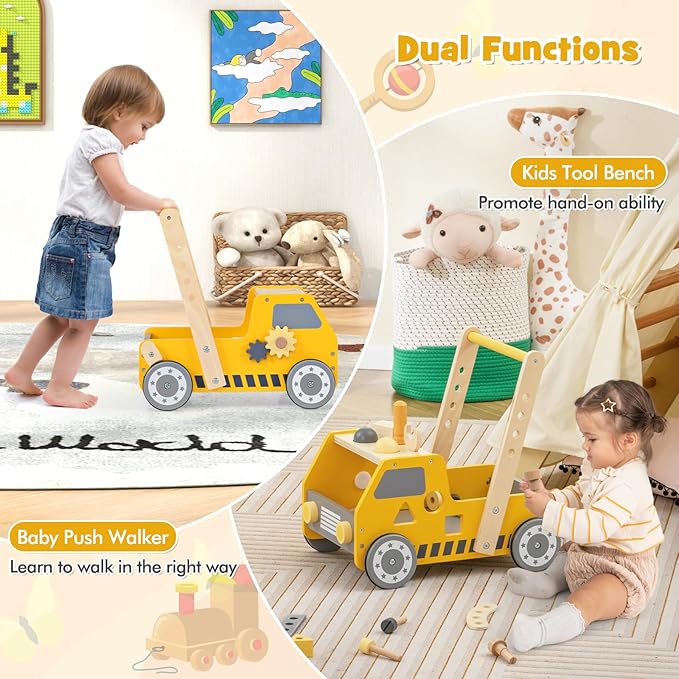 BABY JOY Wooden Baby Walker, Pretend Play Tool Bench, Push and Pull Learning Walker Activity Center, Toddler Montessori Educational Toy for Boys Girls