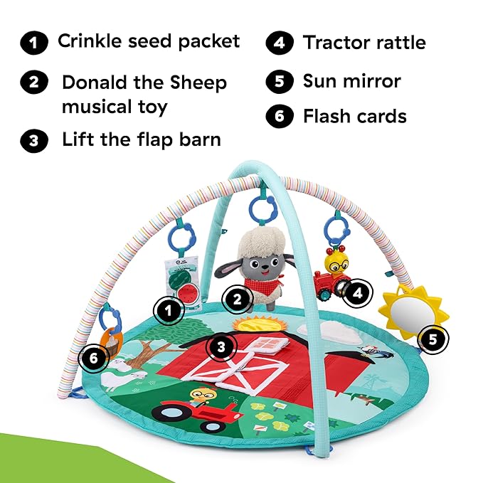 Ingenuity Baby Einstein Farm Explorers Happy Harvest Touch & Feel Baby Play Gym & Mat with 5 Removable Toys, 20+ Songs & Sounds, Ages 0+ Months